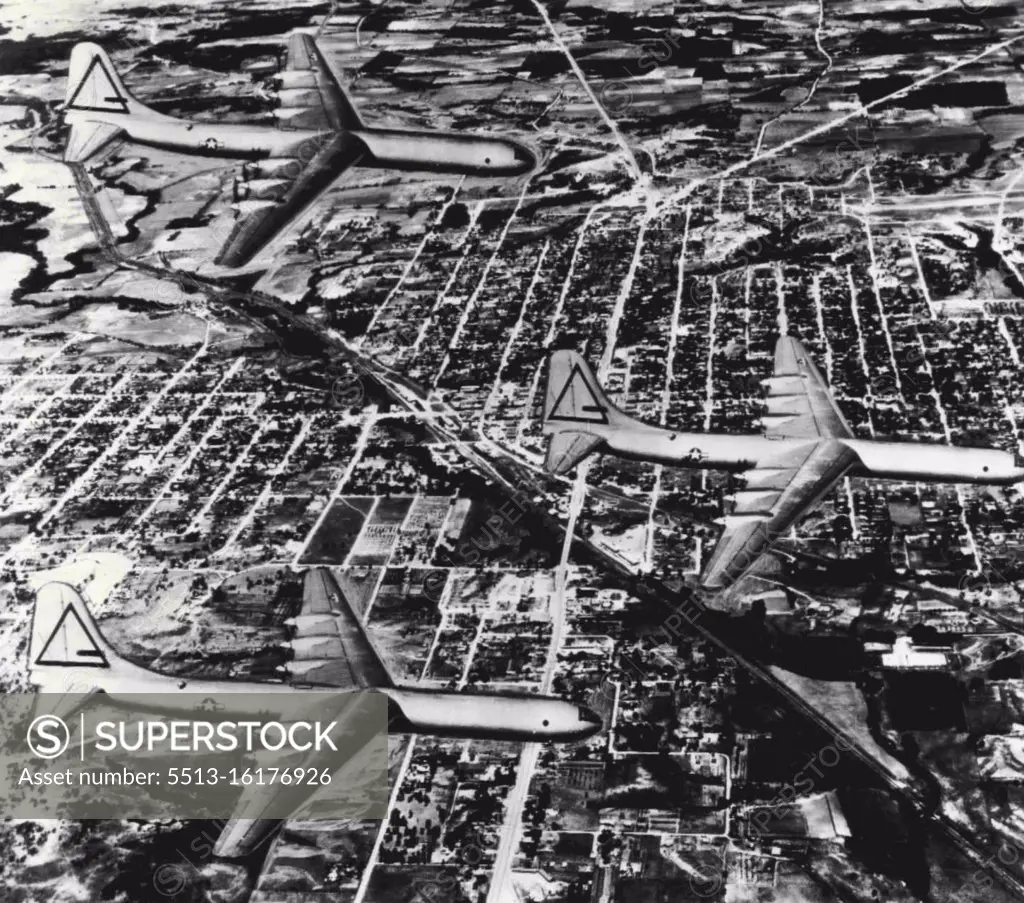 Superforts in Flight -- Three giant B-36 superbombers of the U.S. Air Force from Carswell Field, Fort Worth, Tex., fly in formation over Weatherford recently. Six of the huge ships took off at daylight today to fly 16,000 miles over cities of the nation in celebration of Air Force Day. September 18, 1948. (Photo by AP Wirephoto).