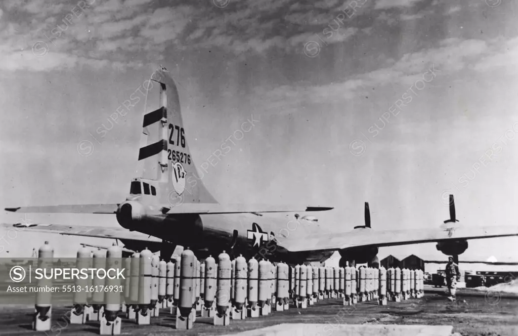 U.S. B-29 In India Readied for Attack on Japanese Lined up beside a U.S. B-29 Superfortress bomber at one of the India bases of the 20th Bomber command are tons of bombs ready to be loaded for a mission against Japanese industrial targets on the Malay Peninsula. Giant B-29's have caused widespread damage to the Japanese-held stronghold of Singapore and the railroad at Kuala Lumpur. During March, 1945, Superfortresses made three attacks on Singapore, hitting oil supplies and naval installations. May 2, 1945. (Photo by U.S. Office of War Information).