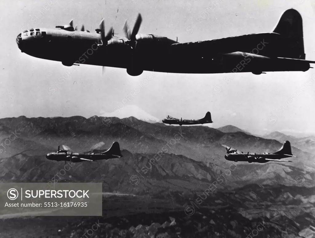 United States Air Force B-29 bombers, photographed during a recent routine training flight over Japan. January 1, 1950. (Photo by United States Information Service).