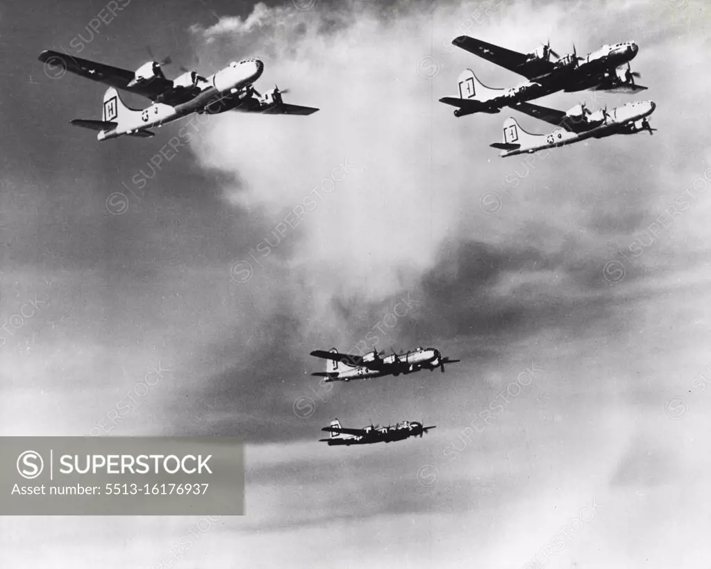 United States Air Force B-29 Superfortresses, operating with United Nations forces in Korea, are shown flying in formation, en route to bomb North Korean and Chinese communist military targets. January 1, 1951. (Photo by United States Information Service).