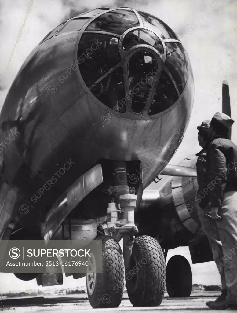 This Superfortress, flight leader in 29 combat missions over Tokio, and other important Japanese cities, arrived in Sydney yesterday on its way to Melbourne. Lent by General MacArthur to aid Australia's Fourth Victory Loan, this plane, which has been re-named Waltzing Matilda, will visit all Australian airfields that can accommodate it to give bond buyers special flights. It will return to Sydney later in the month. October 2, 1945.