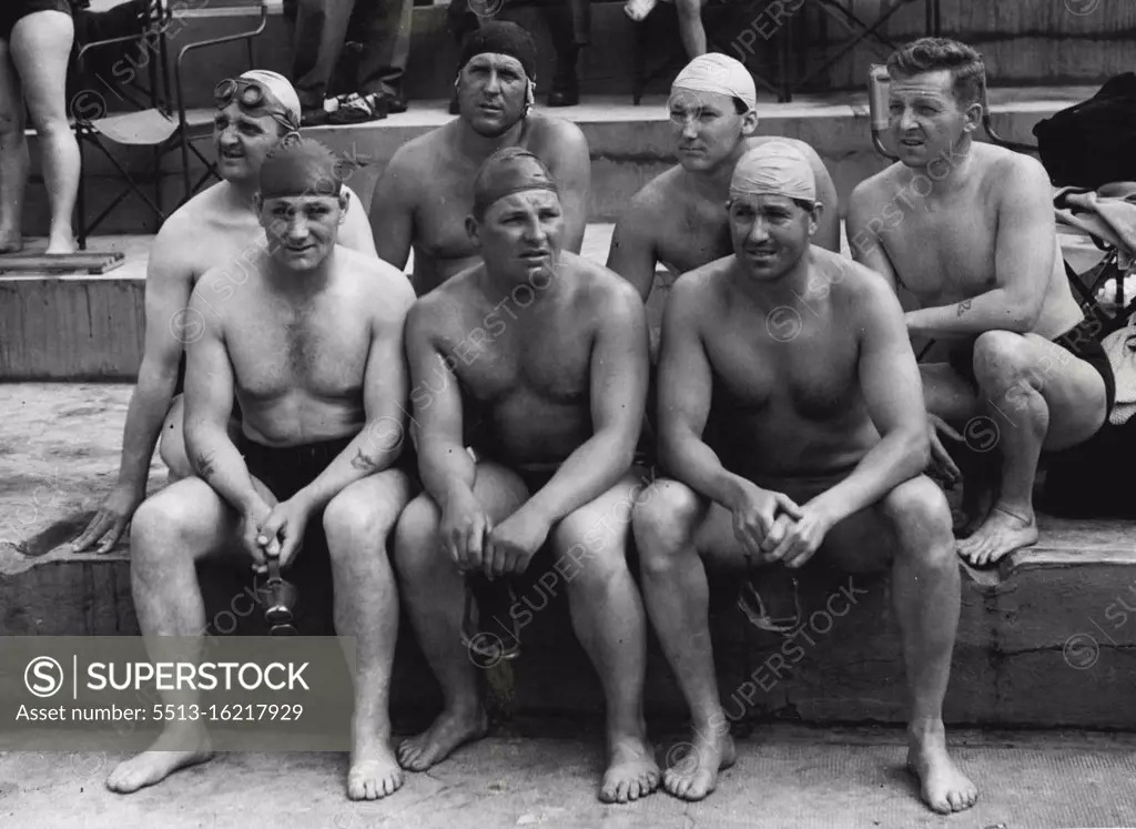 Cross Channel, Swimmers At Folkestone. James E. Clancy of Lichfiels, Peter Claydon of Northampton, Fred Gill of London, Back row L-R. Robert Leitch of London, Edward James May of Dartford, Godfrey Chapman of Weymouth and Kenneth Wray of Southampton. June 17, 1951. (Photo by Daily Mail Contract Picture).