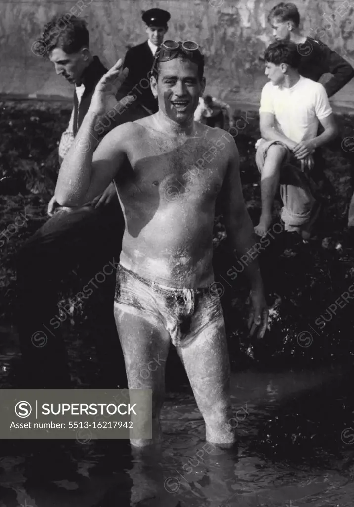 Latif Abu Heif after winning the cross-Channel race yesterday. August 16, 1955. (Photo by Daily Mirror).