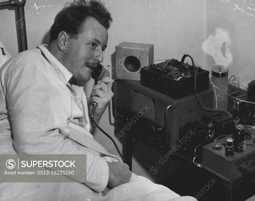 Hospital "Ham." -- In his room at the Wahroonga Sanitorium, surgical patient Phil Edwards, amateur radios crank, holds strange little parties. Guests who live as far away as 400 miles from Sydney include a blind ex- digger of World War 1, a polio victim, a completely paralysed boy and a dairy farmer from the Clarence River district. Phil twiddles the dial of his radio transmitter and is able to tune-in and hold conversations with his "ham" friends. June 16, 1950.