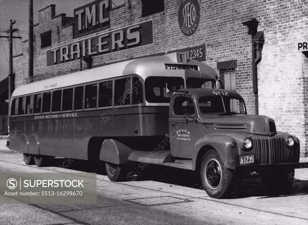 First semi-trailer bus to be made in Australia, will make its trials today. The bus will run between Maitland and Cessnock. It seats the full complement of passengers on a single deck. February 23, 1944.