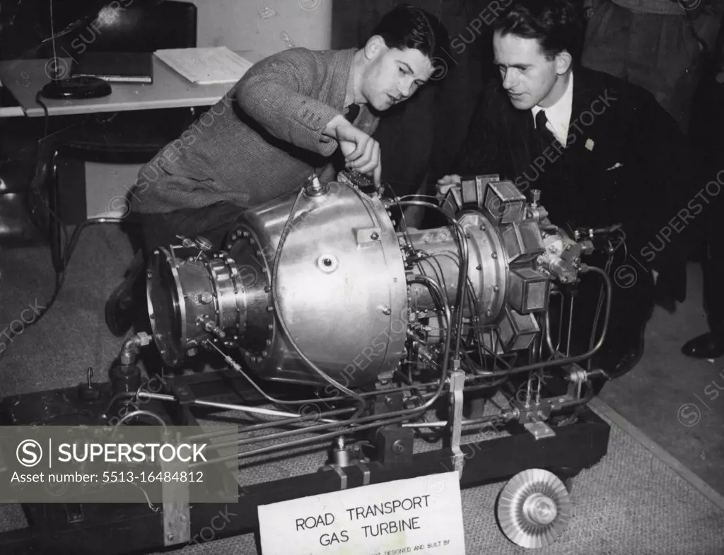 Jet Car Engine. The world's first gas turbine car engine, invented by British engineers and designed to power lorries, small river craft and limousines, has no pistons, cylinders, spark plugs, radiator or clutch. It weighs only 250lb., has the equivalent power of a petrol-driven car of 35-40 hp. May 10, 1948. (Photo by The Associated Press Ltd.).