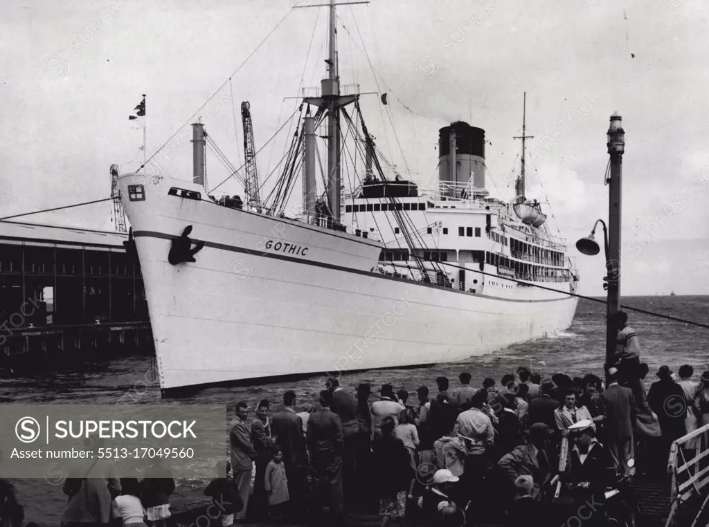 The Royal yacht Gothic photographed on arrival at Port Melbourne-February 24. The Gothic at the time of the Royal visit to Australia and New Zealand in 1953-54. March 01, 1954.