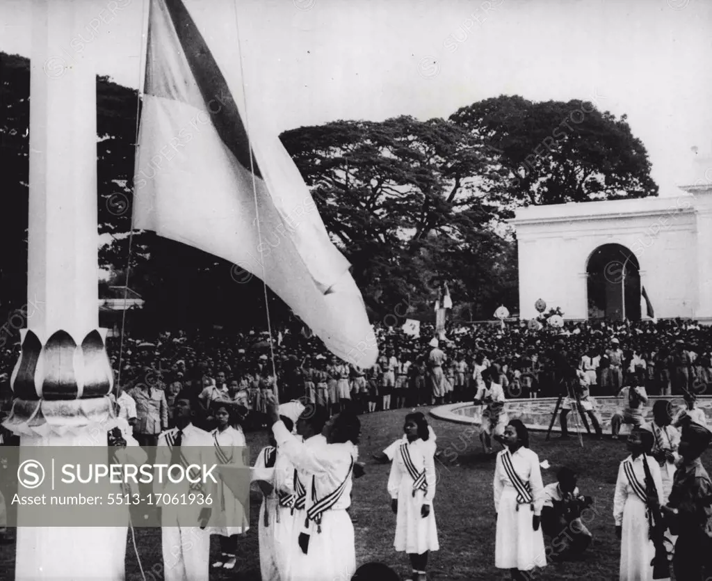 Indonesia Celebrates Independence - Indonesia celebrated the fifth Anniversary of her declaration of Independence Aug 17, together with the establishment of the Indonesian Unitary State. The climax of the impressive ceremony held in front of the presidential palace, Jakarta, was the hoisting of the red and white Indonesian flag atop a specially constructed concrete mast. The flag is the one first flown Aug 17 1945 when President Soekarno Proclaimed Indonesian Independence and is treated with reverence. August 21, 1950. (Photo by Associated Press Photo).