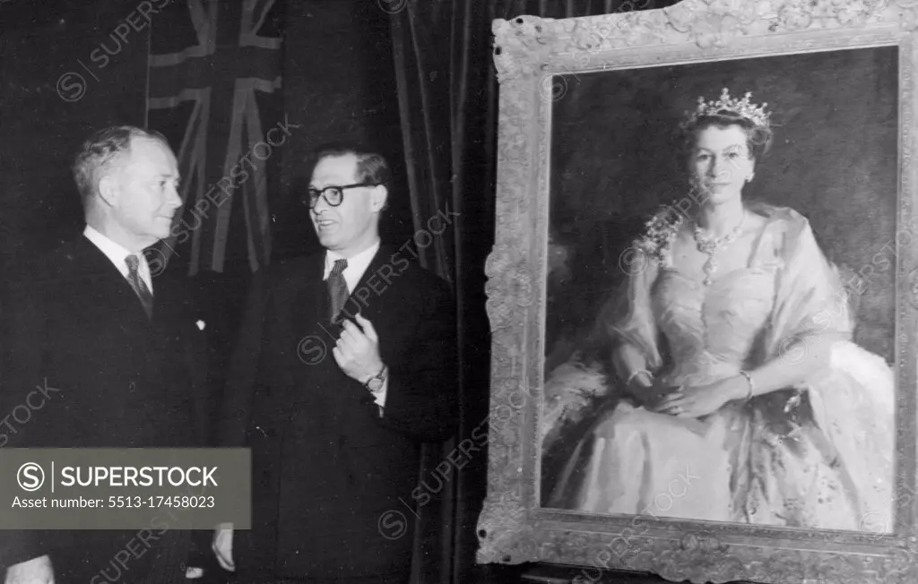 New Portrait Of H.M. The Queen For Australia. Sir Thomas White the High Commissioner (left) with Mr. W.A. Dargie, the well known artist, inspecting the new portrait of H.M. Queen Elizabeth on view to the public -for the first time at Australia House, London The portrait is by Mr. Dargie. September 15, 1955. (Photo by Sport & General Press Agency, Limited)