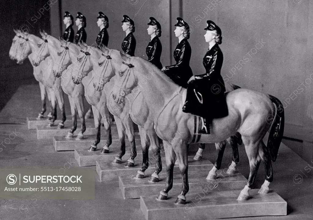 Princess Elizabeth On Parade. The Royal Worcester Procelain statuette of Princess Elizabeth in her Grenadier Guards uniform on her favourite horse Tommy, ready for export. When Princess Elizabeth rode with the king at the Trooping the Colour ceremony, she inspired one of the finest miniatures ever made by craftmen at the Worcester-Royal Porcelain Company. At the request of the Queen less then 200 have been made, and these are mainly for export. March 1, 1949.