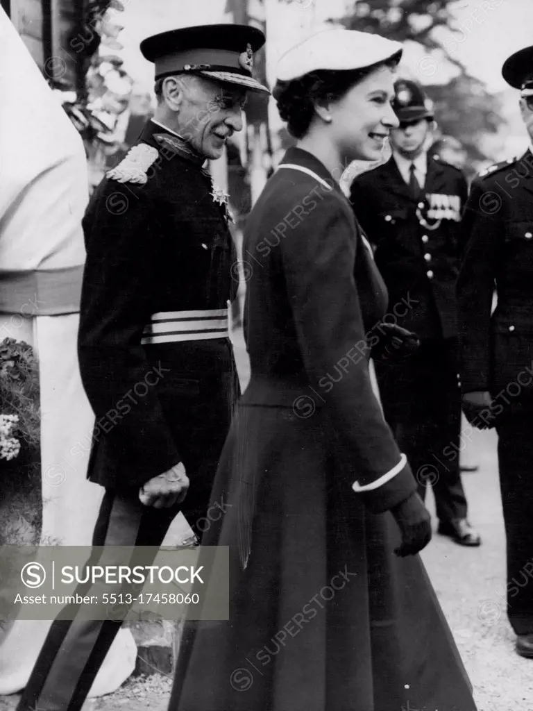 Royal Visit to Wales - The Queen and The Mr. Duke of Edinburgh visited the Breconshire Agricultural show during the first day of that ***** state visit to Wales *****. The Queen being escorted round the *****. The Queen wore a coat featuring the fashionable dropped waistline when she attended the Breconshire Agricultural Show in ***** with Duke. August 1, 1955. (Photo by Daily Herald Syndicate Feature).