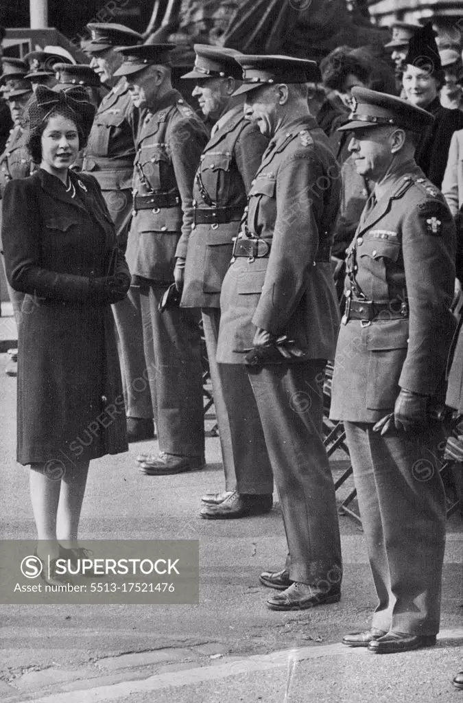 Princess Elizabeth Takes Salute of Army Cadets - Princess Elizabeth inspecting Officers at the Army Cadet Victory Rally, in Hyde Park, London. 5,000 Army Cadets from all over Britain took part in a Victory Rally in Hyde Park, London. Princess Elizabeth took the salute at Stanhope Gate, Hyde Park. April 7, 1946. 