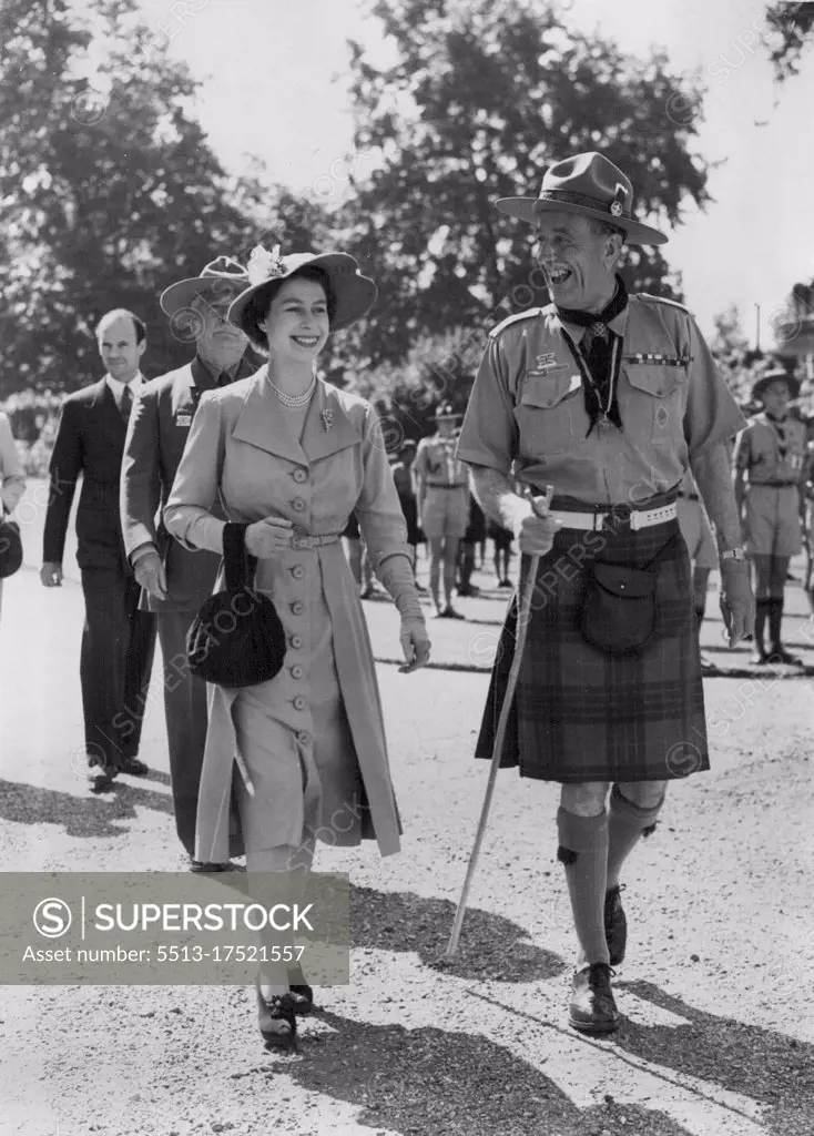 Princess Review's Commonwealth's Jamboree scouts. - Princess Elizabeth walking with the Chief Scout, Lord Rowallan, during her review of Contingents from the British Commonwealth who are to attend the forthcoming World Jamboree in Austria, The grounds of Clarence House, London home of the Princess, was the venue for the review. July 28, 1951.