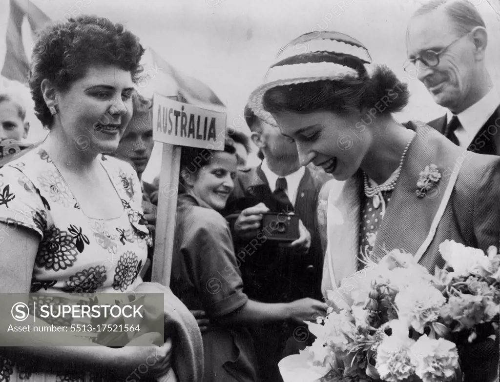 Princess Elizabeth talking to a young Australian, Marcia Speers, Sydney, when she visited the World ***** of Youth at ***** England. June 24, 1951.