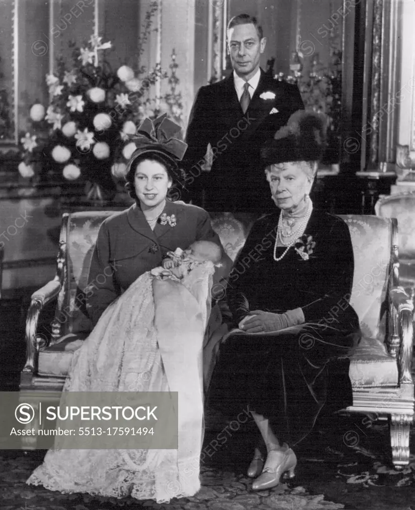 Four Generations of Britain's Royal Family - The royal line of Windsor is represented by four generations in this picture made at Buckingham Palace, Wednesday, after the christening of Princess Elizabeth's son. Sitting next to Princess Elizabeth, Who holds Prince Charles Philip Arthur George, is her grandmother, Dowager Queen Mary. Standing behind the group is King George VI. December 17, 1948. (Photo by AP Wirephoto). 