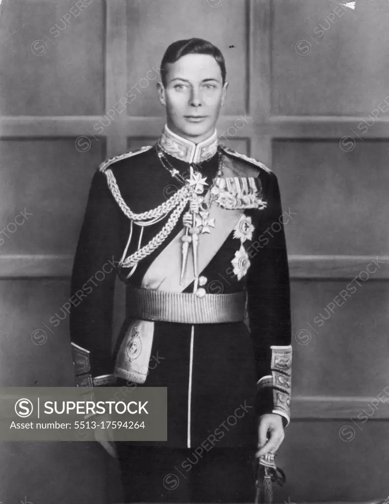 King George VI Now Leads Services: On December 11th King George became Admiral of the Fleet. Colonel in Chief of the Royal Marines. Field Marshal. Marshal of the Royal Air Force and Colonel in Chief of all the Guards. He is here seen in the uniform of colonel in chief of the Scots Guards . He and The Queen with the Princesses are spending Christmas at Sandringham where they are expected to stay for two weeks. February 08, 1937. (Photo by Hay Wrightson).