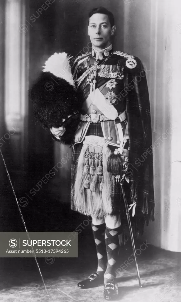 First Picture Of King George VI In Highland Military Uniform: Mr. Drummond Young, by Royal Command, in Edinburgh, the king is shown in the uniform of Colonel-in-Chief of the Cameron Highlanders. May 10, 1939. (Photo by Sport & General Press Agency, Limited).