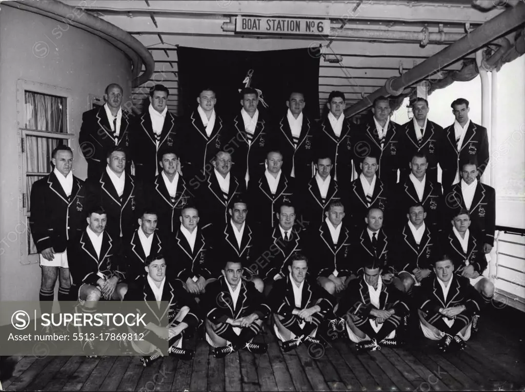 Springbok Rugby Touring Team -- Photographed on board the Pretoria a Castle before sailing for Great British; they are, F. L. T. R., (top row); C.J. Van Wyk, J. Pickard, E. Dinkelmann, S. du Rand, W. Barnard, B. Myburgh, G. Dannhauser, F. Van der Ryst, S. Fry. 3rd row: J. Buchler, J. Bekker, S. Viviers, A. Geffin, P.Wessels, M. Saunders, W. Delport, C. Koch, F. Marais. 2nd row: A.C. Keevy, J. Brewis, P.A. Du Toit, B. Kenyon (Capt.), F. Mellish (Mngr.), H. Muller (vice-Capt.), D. Craven (Asst. Mngr) R. Van Schoor, J.K. Ochse, Front row: D. Sinclair, J.Oslofse, P.Johnstone, D.Fry, and M. Lategan. Their first international match of the season will be on 24th November when they play Scotland. November 26, 1951. (Photo by Neville Clayton, Camera Press).