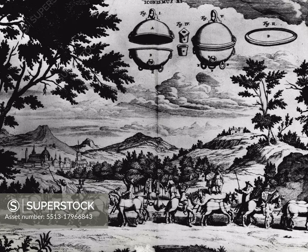 History Under Pressure - This drawing was discovered in an old book dealing with the Magdeburg demonstration. It depicts the original scene as two eight-horse teams try in vain to pull the vacuum sphere apart. At top of picture are the specially-tooled hemispheres which Otto Von Guericke used to prove the powerful pressure of air. They are shown before and after joining. April 08, 1955.