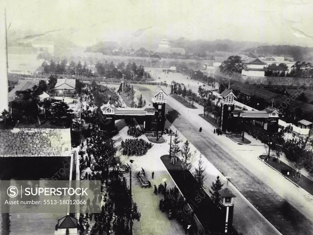 A Birds eye view of the palace grounds here, where the imperial procession formed and then proceeded to Tokyo Station, where emperor Hirohito boarded the imperial train for Kyoto. The Ancient Capital, where he was enthroned 124th ruller of the Japanese Empire, Nov. 6th. November 21, 1928. (Photo by International Newsreel Photo).