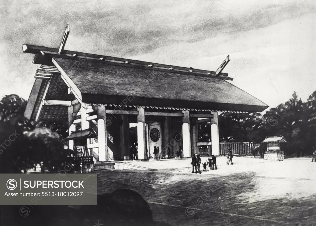 Newly built Shrine gate to Yasukuni Shrine - A new shrine gate has been reported to be dedicated to Yasukuni, Shrine of Kudan, the unknown soldiers' shrine by the First Military Service Life Insurance Co. of Tokyo with the cost of some 150,000 The newly maybe built shrine gate is 55,5 shaku in height, to be make by Japan cypress and is reported to be used the biggest and greatest timbers of this kind. The may be built shrine gate to the Yasukuni Shrine. December 20, 1933. (Photo by Shimbun Rengo News Photos Service).