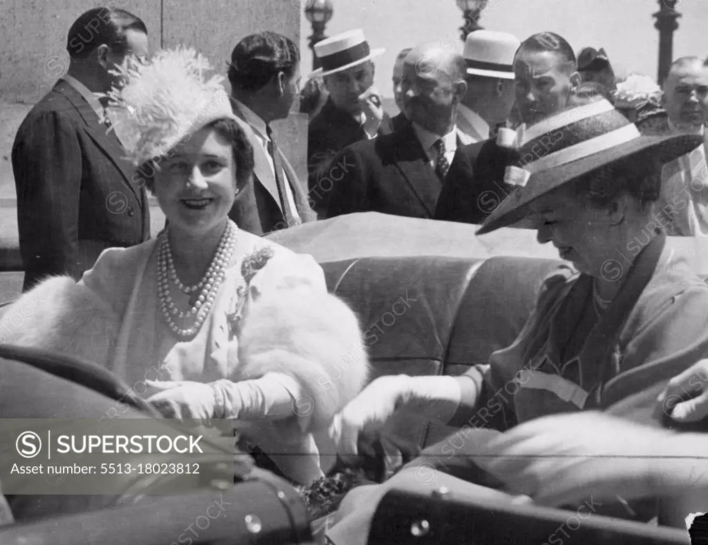 The King and Queen in Washington -- Her Majesty Queen, Elizabeth driving with Mrs. Roosevelt from the union Station, Washington, after the arrival of the Royal Party. July 03, 1939.