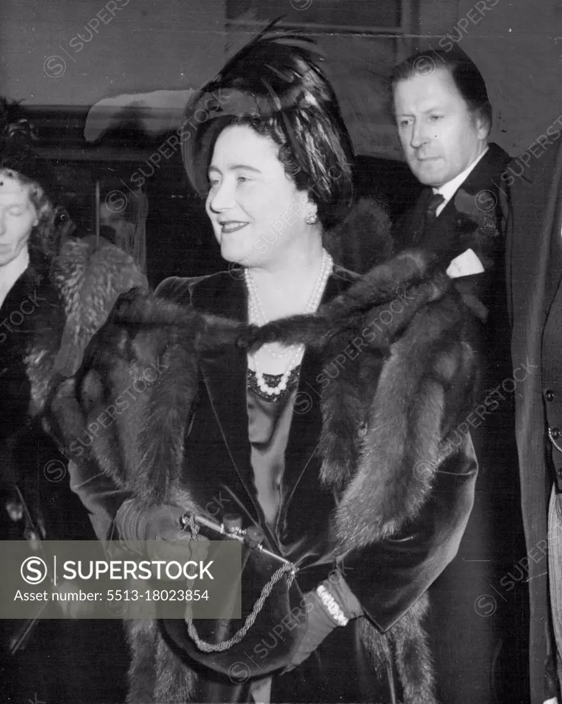 The Queen Back in London, Goes to A Lecture -- The Queen, wearing furs and a feathered hat, on arrival at the Institute Francais to-day.Just returned to London from Sandringham, the Queen went to the Institute Francais in Queensberry place, S.W. this afternoon (Tuesday) to hear a lecture in French by M. Huyghe, Director of Paintings at the Louvre, on Impressionism. February 14, 1950. (Photo by Reuterphoto).