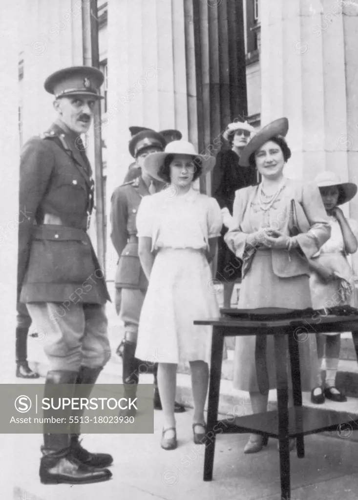 Queen Elizabeth Visits College - Queen Elizabeth was accompanied by Princesses Elizabeth (left) and Margaret Rose (right) during a visit to Sandhurst college recently. The Queen addressed a United States Radio Audience today. August 10, 1941. (Photo by AP Wirephoto).