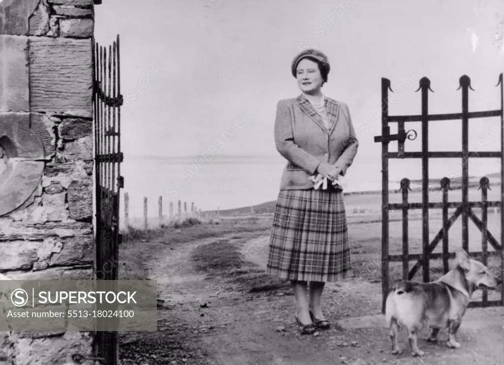 The Queen Mother At Her Scottish Castle -- Queen Elizabeth The Queen Mother photographed at the Gates of her Castle of Mey. Caithness, Amid The Bracing Sea Air. Behind her lies Pentland firth and, beyond, The Orkney Islands.The Photo was made during Her Majesty's recent Holiday. October 19, 1955.(Photo by Associated Press Photo)