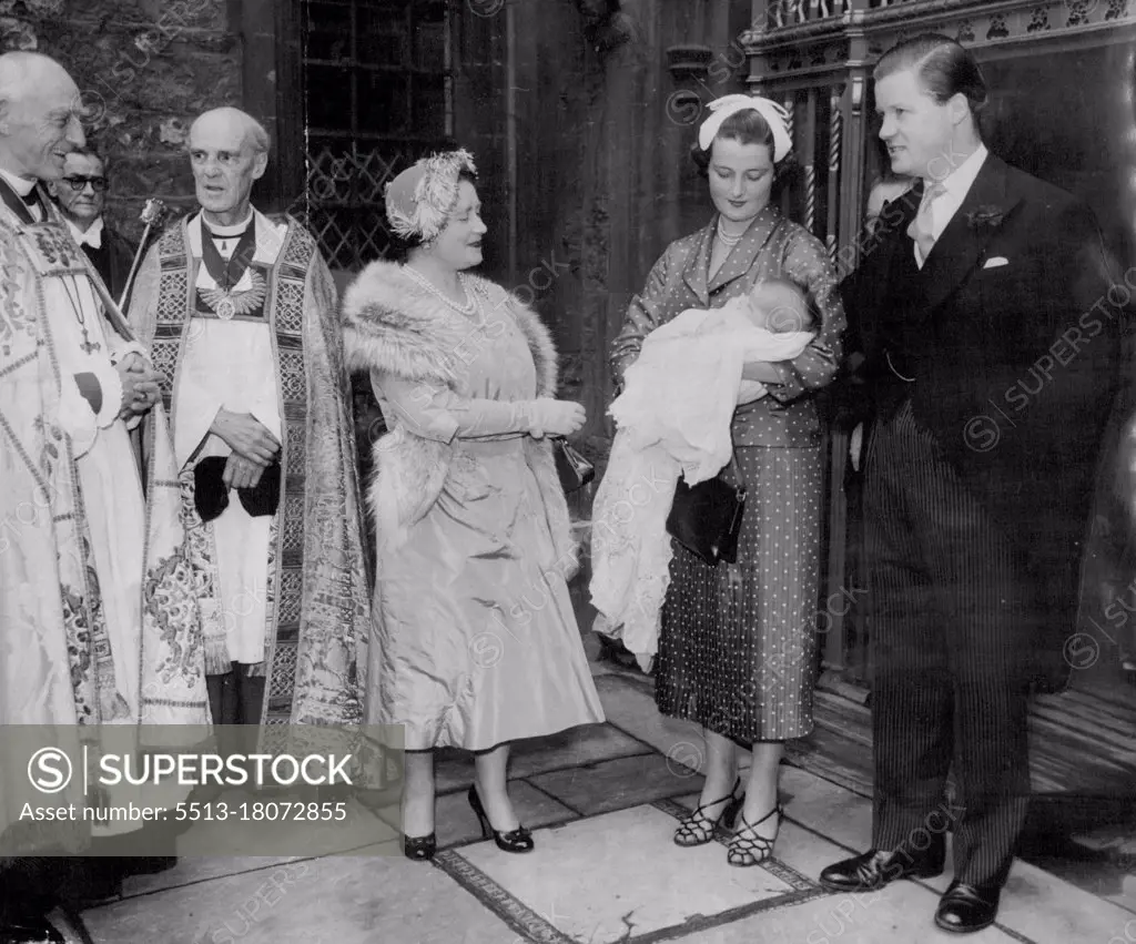 Queen Mother Admires Her New God daughter -- Oh, what a lovely baby! That's what Queen Elizabeth the Queen Mother seems to be saying us the 19-year-old mother, Viscountess Althorp, shows Sarah Lavinia Spencer to the baby's Royal godmother at Westminster Abbey where the christening took place in St. Faith's Chapel to-day (Thursday) the baby was born in a Northampton nursing home on March 19.Viscount Althorp is seen on right. Left of the Queen Mother are the Rt. Rev. Percy Mark Herbert, Bishop of Norwich, and the Very Rev. A.C. Don, Dean of Westminster (Second from left). June 09, 1955.