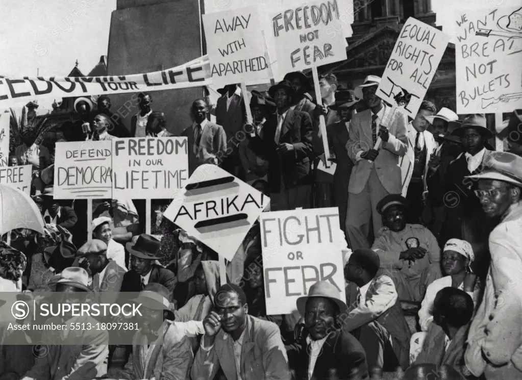 Peoples Protest in Cape Town.Photo Shows : A section of the crowd with their banners during the demonstrations in Cape Town.A big demonstration of people was held in Cape Town under the auspices of the African National Congress, the Franchise Action Council and the Cape Indian Assembly.The Demonstration was in Protest against the new measures of the Malan Government and the Apartheid laws in general. February 24, 1953. (Photo by Sports And General Press Agency Ltd)