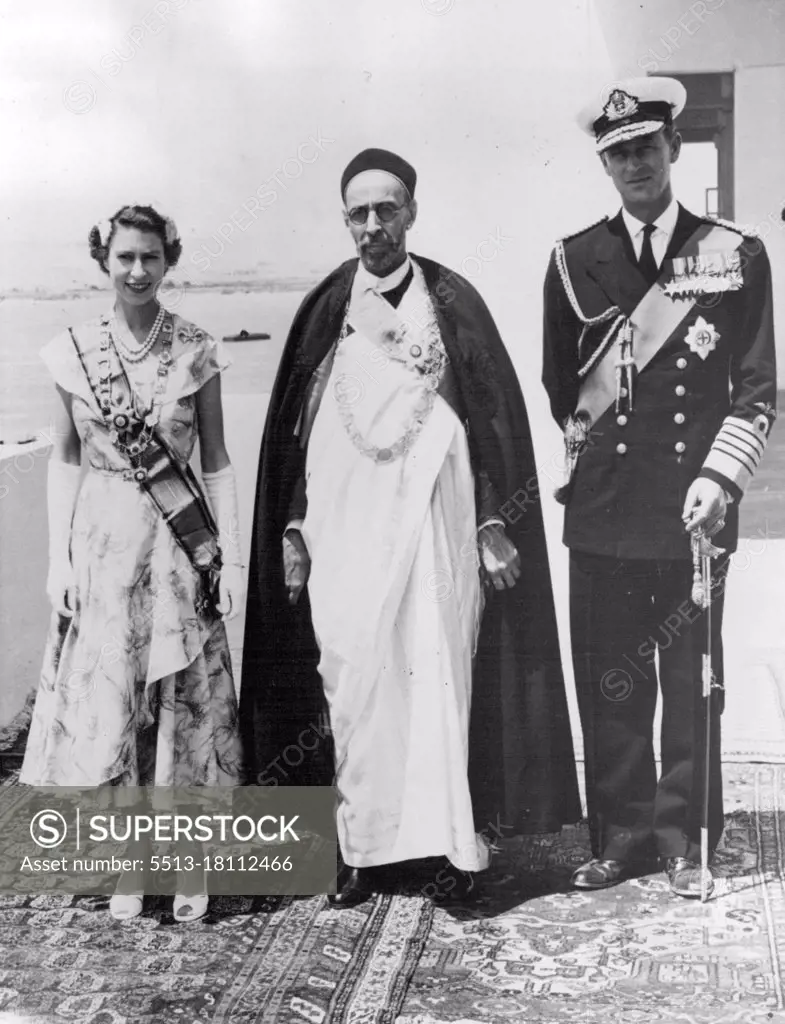 The Queen At Tobruk - H.M. The Queen and The Duke Of Edinburgh pictured with King Idris of Libya during her one-day visit to Tobruk. May 3, 1954. 