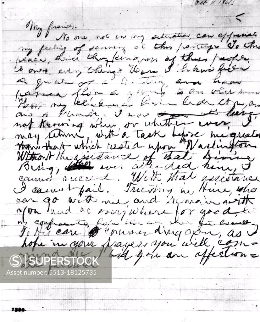 Lincoln's Farewell Message -- The original manuscript (above) of Abraham Lincoln's sad farewell to the people of Springfield, Ill., as he departed to take over the presidency, was included in the Lincoln papers opened at the Library of Congress in Washington July 26. July 27, 1947. (Photo by Associated Press Photo).