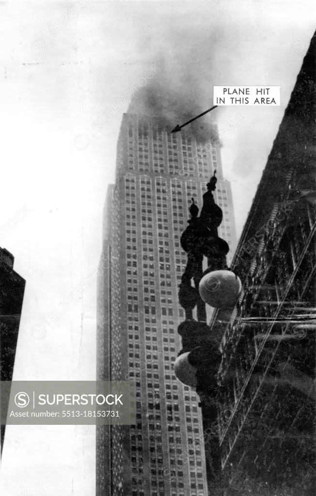 ***** From Empire State Building -- ***** from the Empire State Building in New York, July 28th, after a plane headed for Newark Airport crashed into the upper stories of the structure. Fires were started on upper eleven floors of the building. July 28, 1945. (Photo by Associated Press Photo).