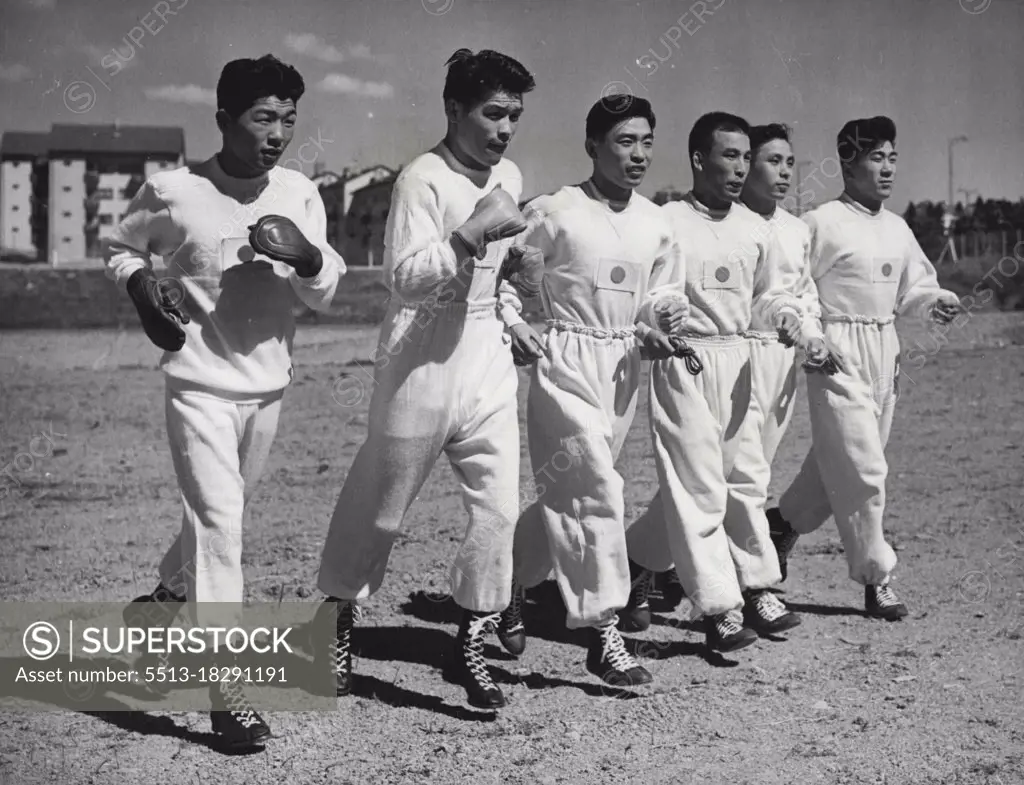 Japanese Fighting Men in Helsinki - Wrestlers and Boxers of the Japanese Olympic team set out on a training run together at the Olympic Village training ground, Helsinki, Finland, a few days ago.Left to right: Yoshitaro Nagato and Tohsihito Ishimaru (Boxers) and Yushu Kitano, Shohachi Ishii, Risaburo Tominga and Takeo Shimotori (Wrestlers). July 04, 1952. (Photo by Associated Press Photo).