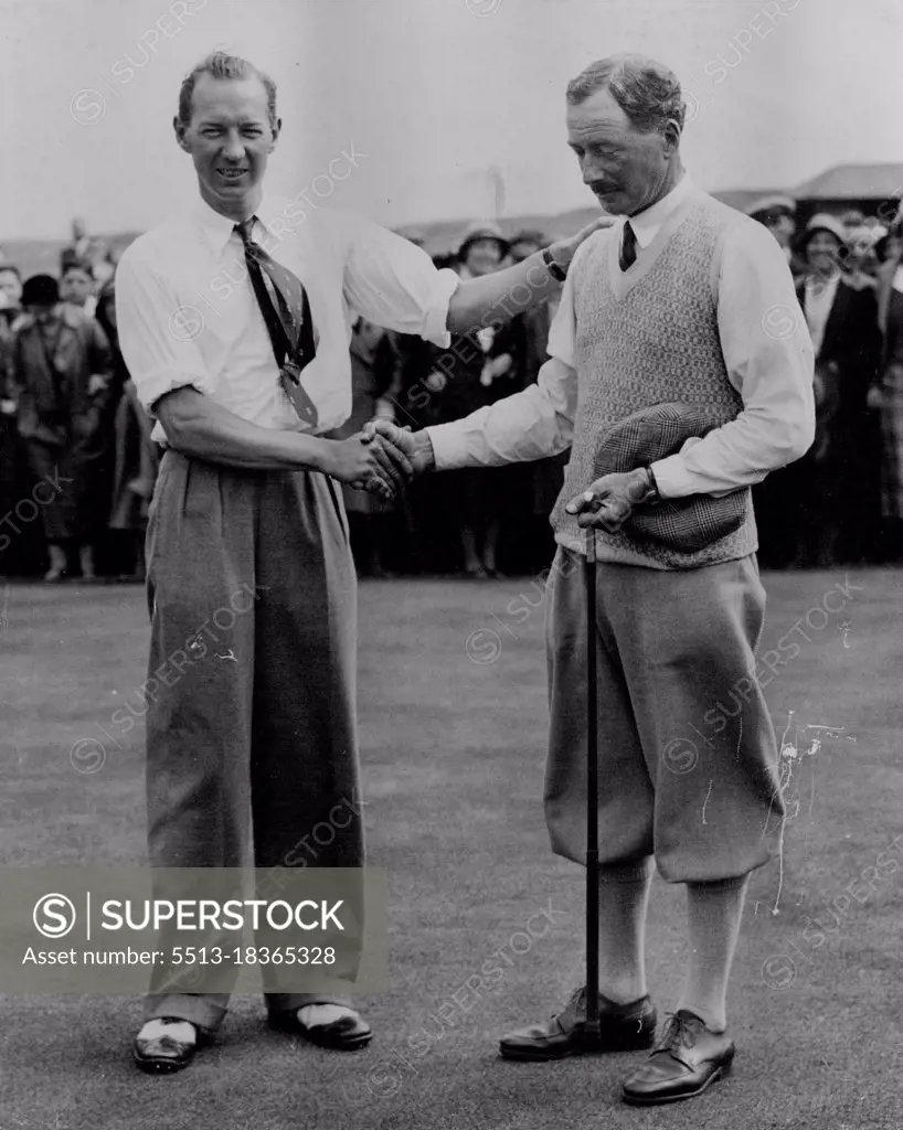 Hon. Michael Scott's Great Triumph in Amateur Golf Final - The Hon Michael Scott on right shaking hands with Dale Bourn on the 16th Green.The Hon Michael Scott won the amateur Golf final at Hoylake yesterday June 24 beating Dale Bourn by 4 and 3. Scott is 55 and one of the oldest Tournament winners in Golf History. June 25, 1933. (Photo by The Associated Press).