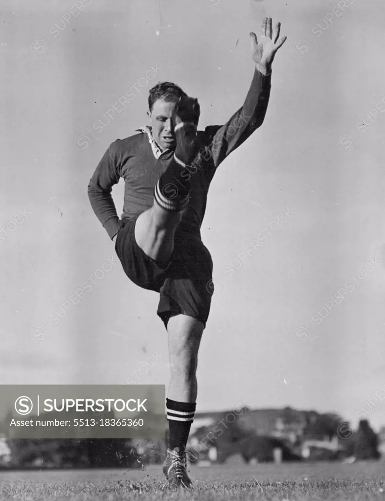 This is the third of a series of six photograph showing Bob's action as he kicks for goal.The ball is away and Bob is right off the ground. The kicking foot will follow through until it is up about the same level as his head. Some Australian critics called him a better goal-kicker than the great Maori fullback George Nepia. Others said he was as good as, if not better than, Daily messenger. May 31, 1948.