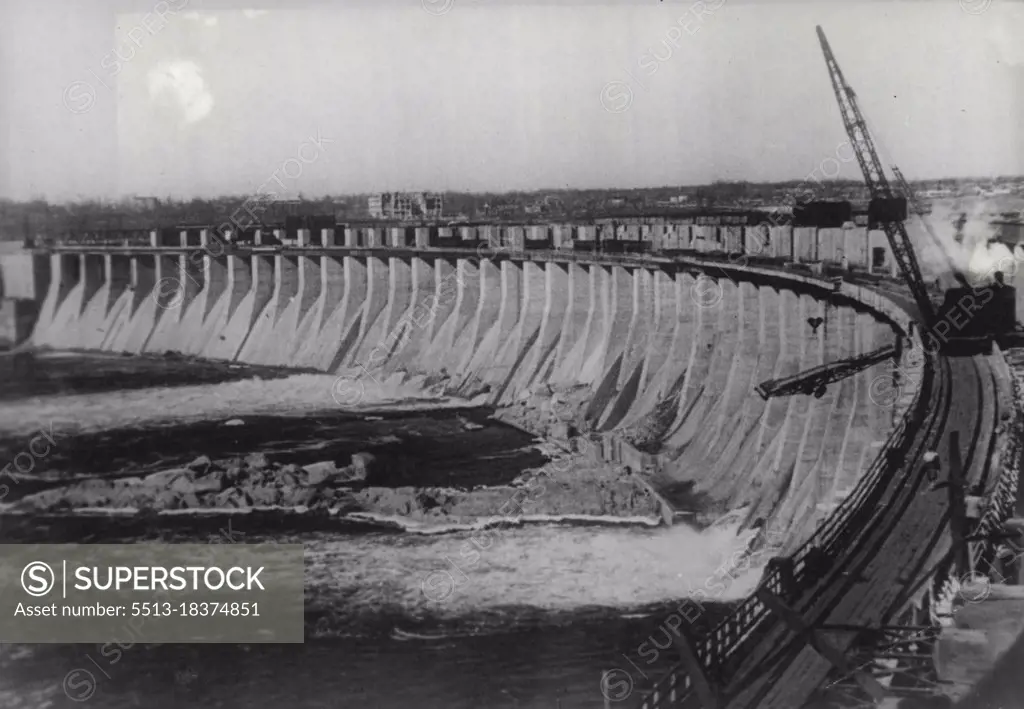 The Restoration of the Dnieper Dam -- A general view of the Dnieper dam, in Russia.The world-famous Dnieper dam, one of the marvels of modern engineering, which was wrecked by the German invaders of Russia early in the war, is now being restored. The work goes forward apace, and is within sight of completion. April 30, 1946.