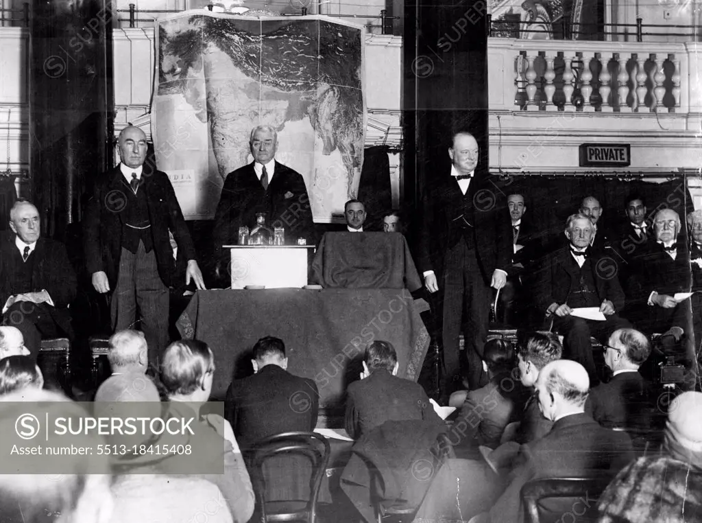 To discuss the future of India -- The Indian Empire Society's recent meeting at Cannon-Street Hotel, London. Left to right are: Lord Inchape, Sir Claude *****, Lord Summer (chairman), Mr. Winston Churchill, Lord Danesford and Lord Greenway. January 22, 1931. 