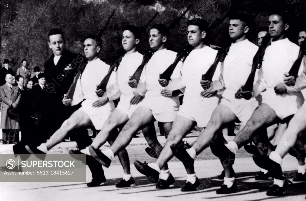 How Young Italian Soldiers Learn The "Roman Step".The recently introduced "roman Step" the Italian version of the famous German "Goose Step" is now being adopted by all units of the Italian Army. Here are young men of the Rome Military academy learning the "Roman Step" with rifles, but without uniforms. April 25, 1938. (Photo by Keystone)