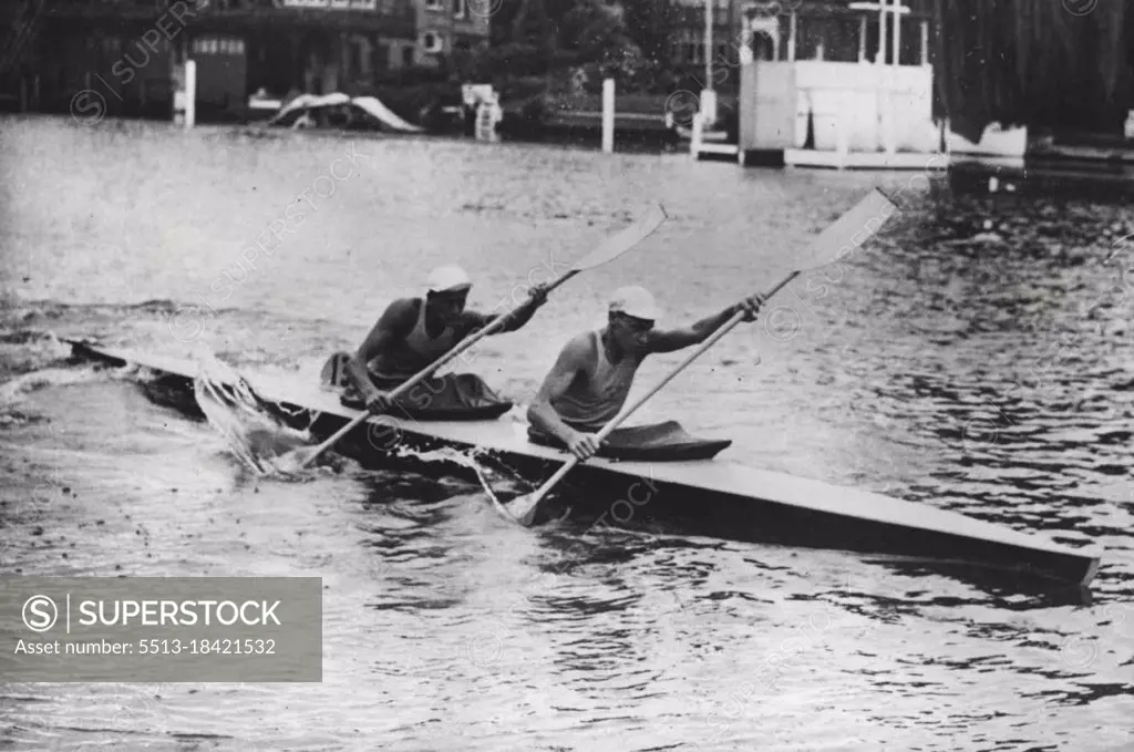 Olympic Games: Sweden wins the 10,000 metres Kayak Pairs at Henley.G. Kerlund and H. Wetterstroem, of Sweden, were the winners of the 10,000 metres Kayak pairs event at the Henley Olympic Regatta, The Swedish pair winning. August 11, 1948. (Photo by Sport & General Press Agency, Limited).