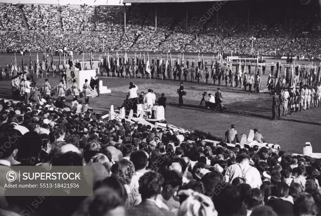 Olympic Games : Closing Ceremony At Wembley - A general view of the Stadium as Mr. J. Sigrid Edstrom, president of the International Olympic Committee, makes his closing speech. August 14, 1948. (Photo by Sport & General Press Agency, Limited).