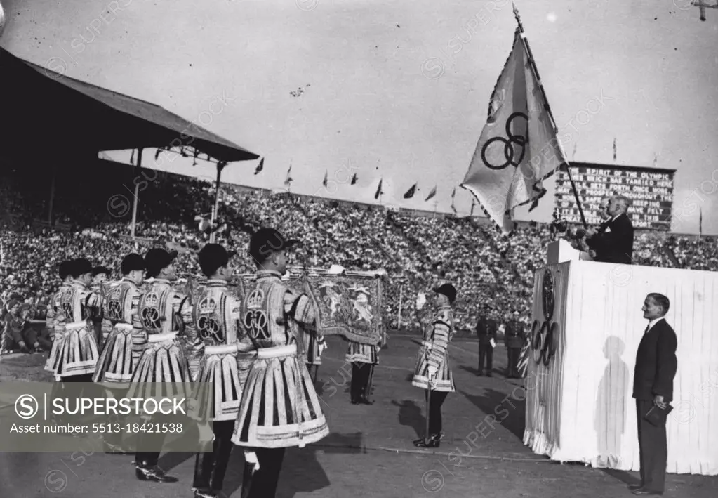 Olympic Games: Closing Ceremony At Wembley - The closing scene at Wembley. The Lord Mayor of London is seen holding the Olympic Flag after he had received it to hold in safe keeping until the next Olympic Games in Helsinki. August 14, 1948. (Photo by Sport & General Press Agency, Limited).