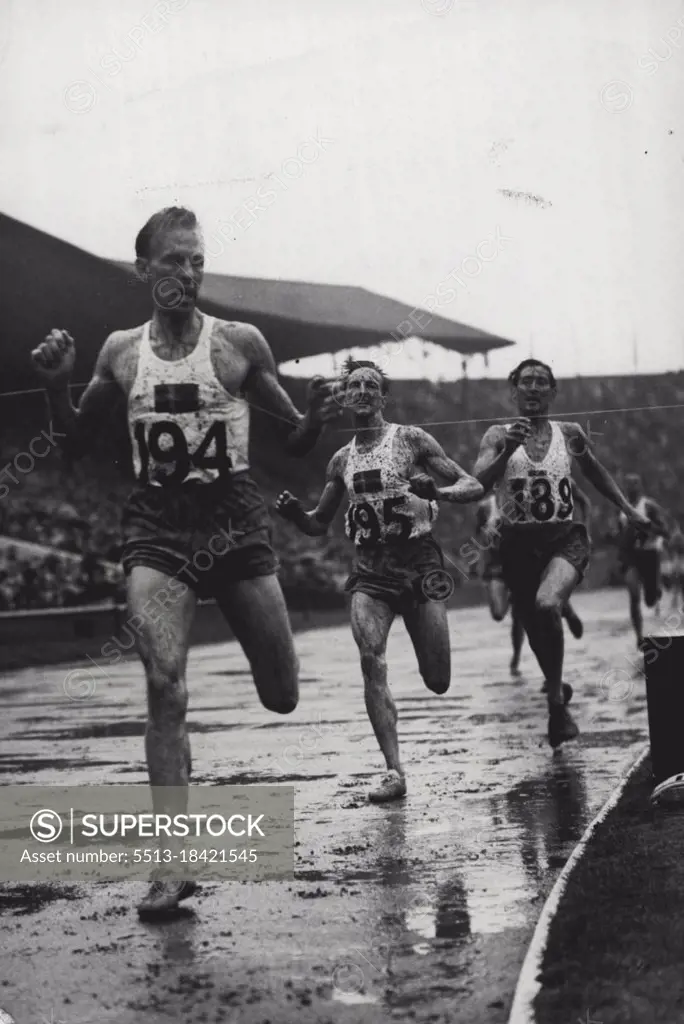 Olympic Games 1948 - 1500 Metres Final - ***** H. Eriksson of Sweden (194) winning the 1500 Metres Final from ***** of Sweden (195) with W. F. ***** of Holland (189) third. August 06, 1948.