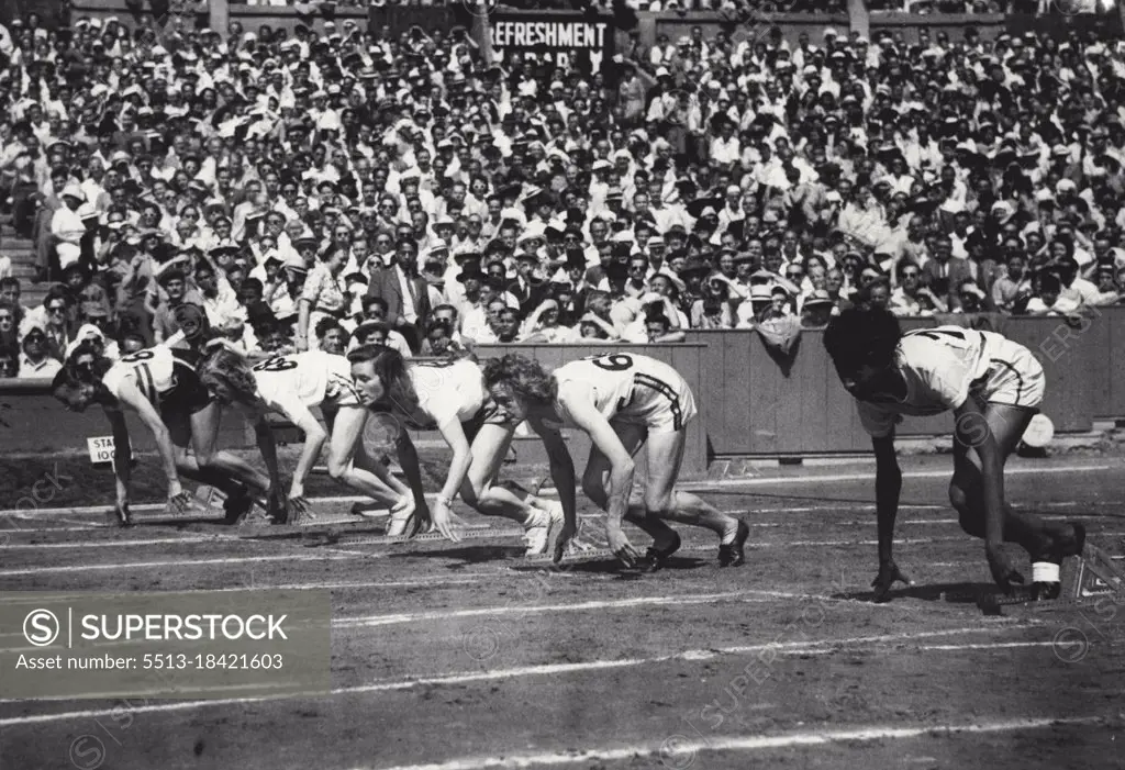 Olympic Games: The start of the Women's First Round of the 100 metres at Empire Stadium, Wembley, to-day (Saturday). From right to left are : A. Patterson (U.S.A), J. A. King (Australia), Kretschmer de Buccicardi, B (Chile), G. V. Lovso Nielson (Denmark), and W. S. Jordan (Great Britain). July 31, 1948. (Photo by Olympic Photo Association).