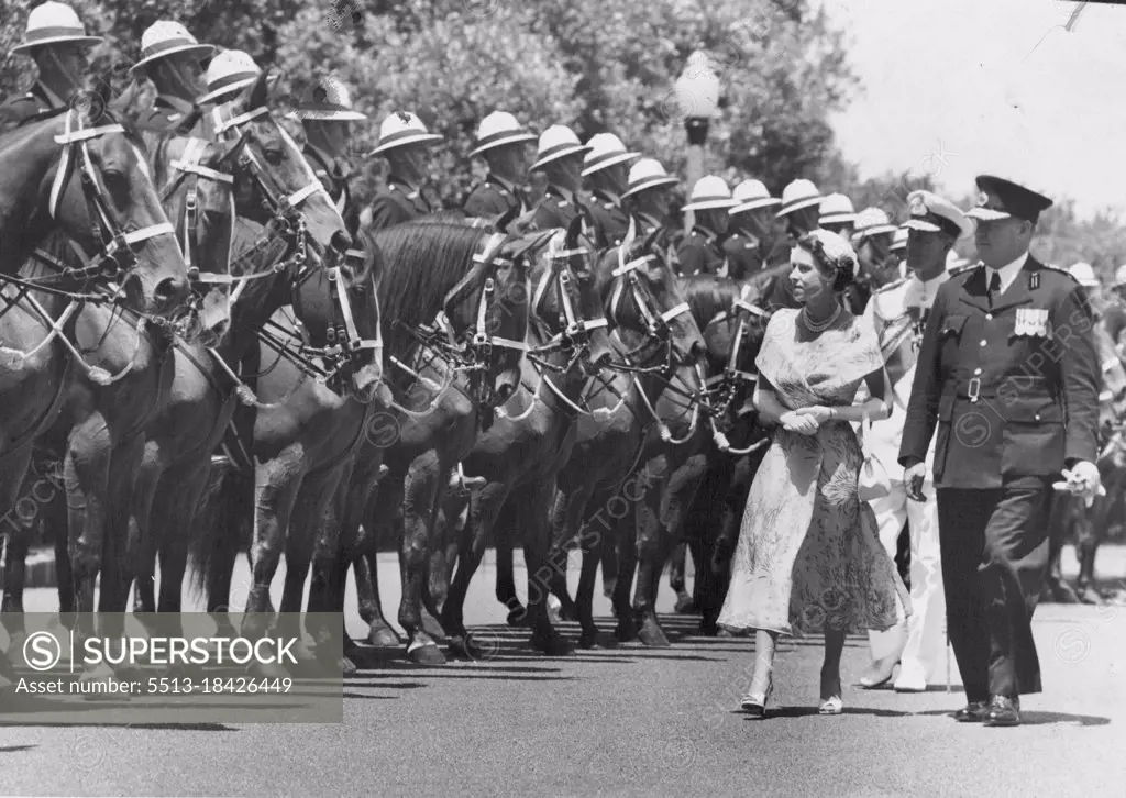 Final Inspection -- The Queen and the Duke of Edinburgh inspect a guard of mounted police, on their arrival at Government house. With the Queen is NSW police commissioner Delaney, who conducted the Queen on the inspection. February 03, 1954.