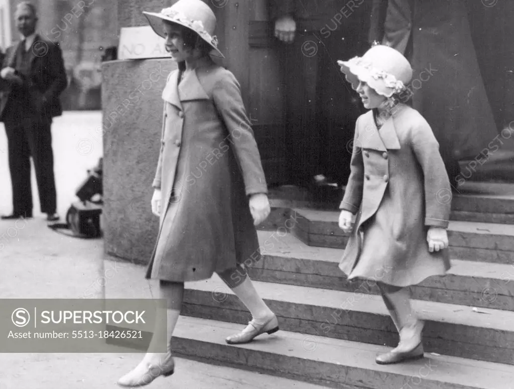 Rehearsal For The Coronation at Westminster Abbey. Princess Elizabeth and Princess Margaret Rose leaving the Abbey after the rehearsal. May 6, 1937. (Photo by Sports & General Press Agency Limited).