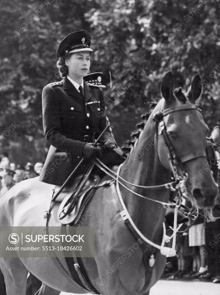 Trooping The Colour Ceremony - H.R.H. Princess Elizabeth made a striking figure a she rode side-saddle in her new uniform. The annual ceremony of Trooping the Colour was held today, the official birthday of the King. The ceremony took place at the Horse Guards parade, Whitehall, London. The King was accompanied by Princess Elizabeth who rode side-saddle on her mount. June 12, 1947. (Photo by Fox Photos).