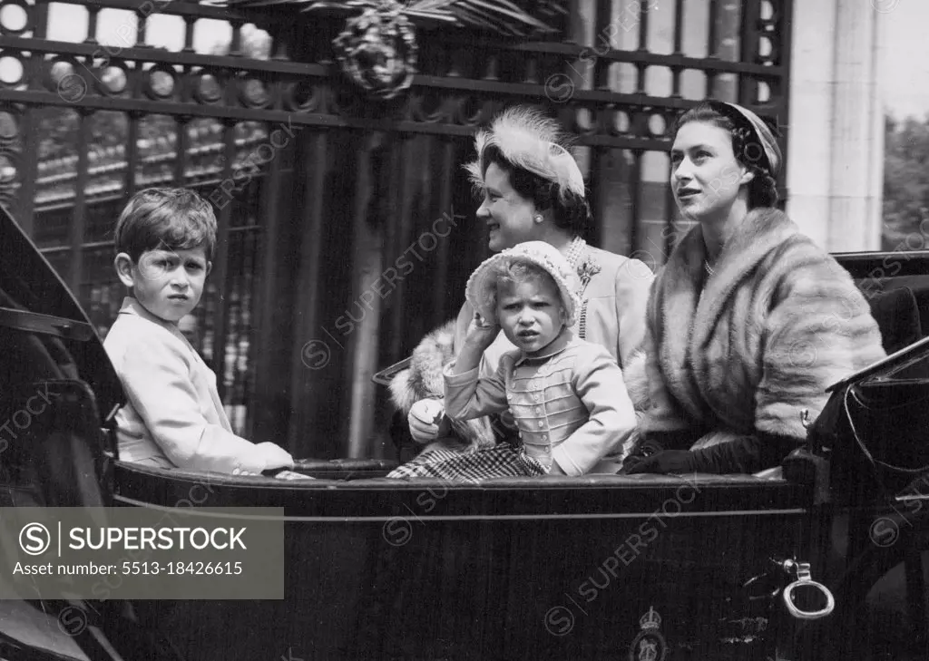 Royal Children Go To Trooping Ceremony- A view from the Citadel as the open landau, bearing the Queen Mother, Princess Margaret, Prince Charles and Princess Anne, makes its way to horse guards parade to-day for the Trooping the Colour ceremony. The Queen, as Colonel-in-chief of the Cooldstream guards, was riding Winston, the police horse, at the parade. June 10, 1954.