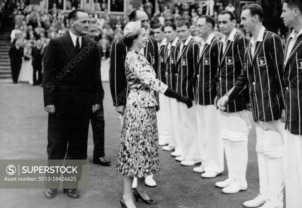 The Queen meets the South African Cricketers. H. M. The Queen is introduced to the South African team during the interval. H. M. The Queen visited the Oval, Kennington, London, where she watched part of the match between the South African touring team and Surrey. July 19, 1955. (Photo by Sport & General Press Agency Limited).